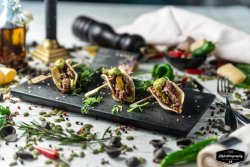 3 Angus Beef Tacos, guacamole and Jalapeno Peppers image